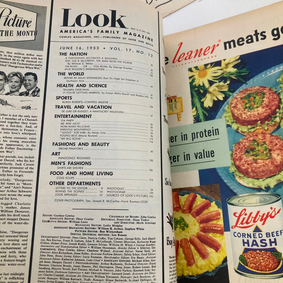 Table of contents from VTG Look Magazine June 16 1953, highlighting articles and features alongside the cover image of Senator Joseph R. McCarthy.