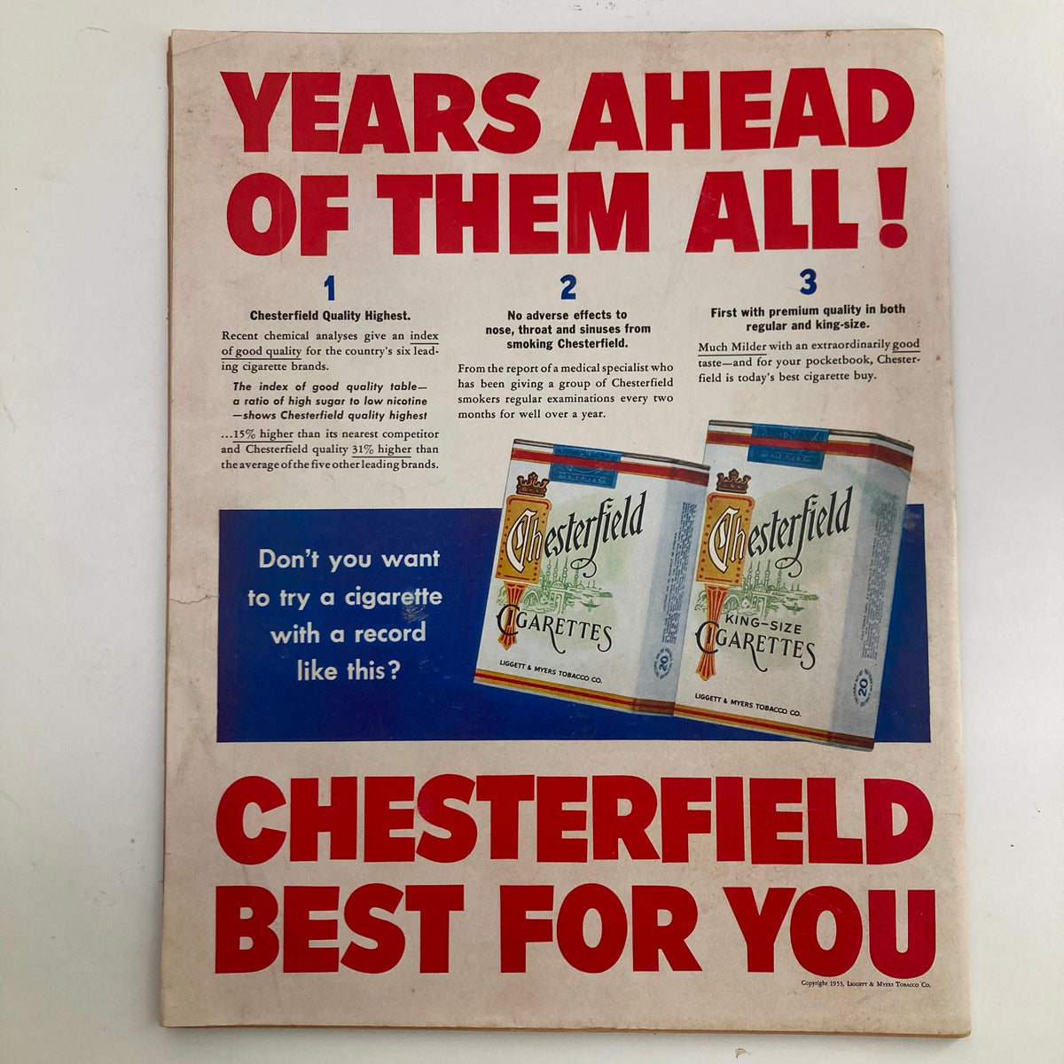 Back cover of VTG Look Magazine October 6 1953 promoting Chesterfield cigarettes with bold graphics and text, showcasing mid-20th century advertising style.