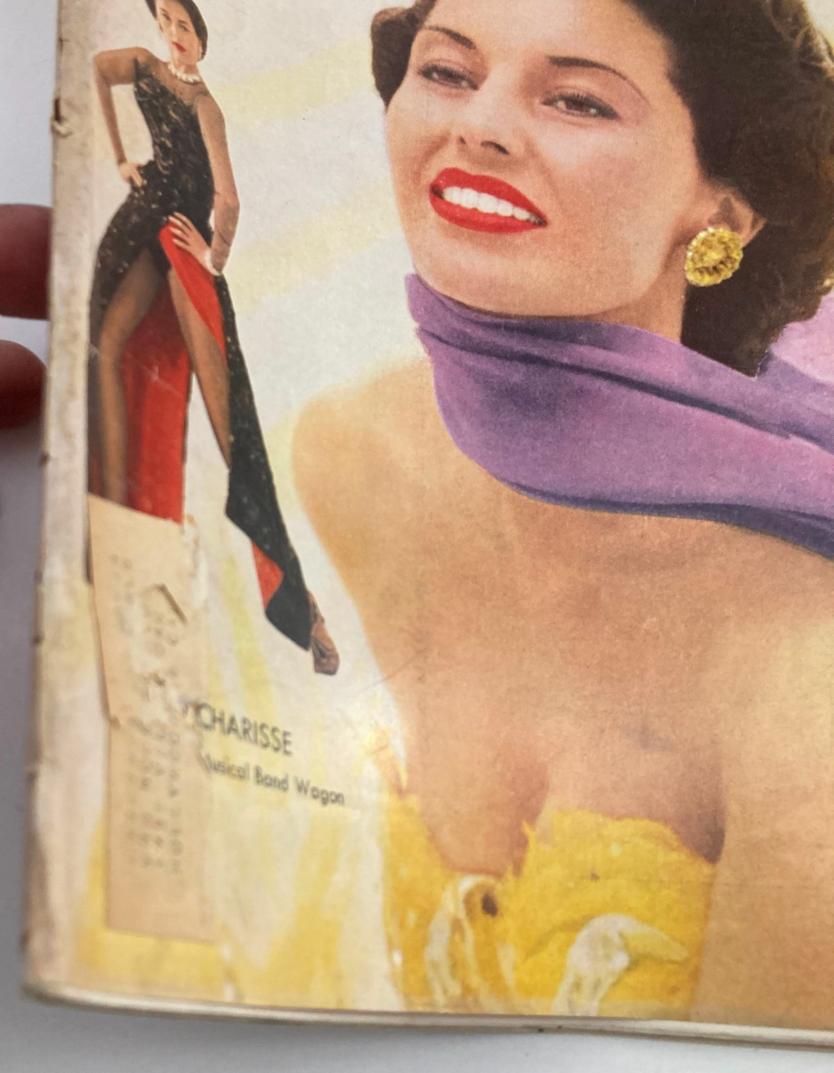 Close-up view of the VTG Look Magazine August 11 1953 cover with Cyd Charisse, highlighting her stunning beauty and vibrant accessories.
