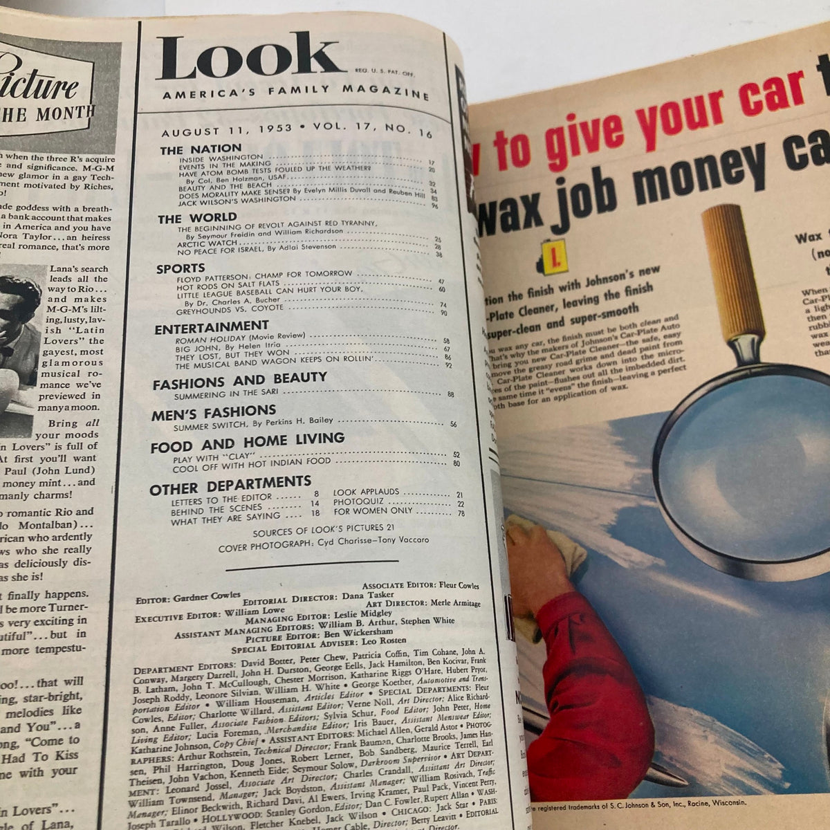 Interior page of VTG Look Magazine August 11 1953 displaying the contents page, showcasing various articles and features along with Cyd Charisse as cover model.