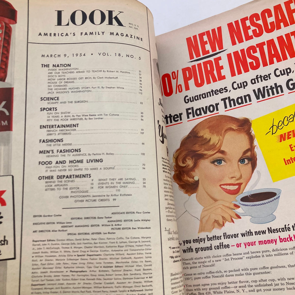 Inside page of the VTG Look Magazine March 9 1954, displaying the contents and articles of the issue, including features on fashion and entertainment.
