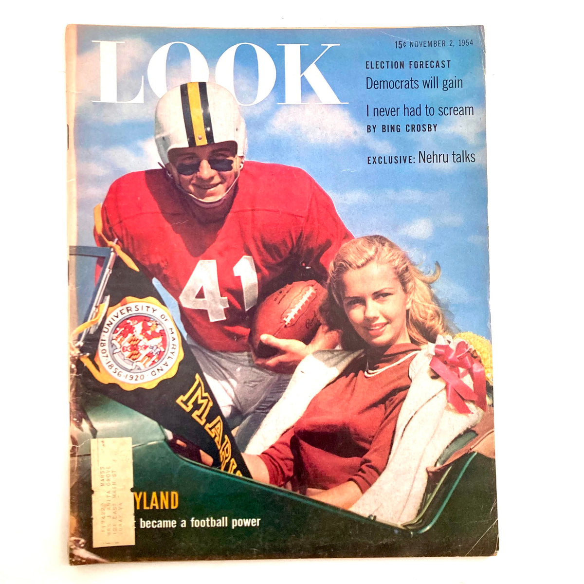 Look Magazine November 2 1954 featuring Player Dick Bielski in a football uniform and actress Leoma Naughton on the cover, showcasing 1950s pop culture.