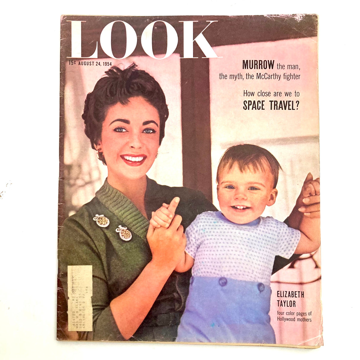 VTG Look Magazine August 24 1954 Elizabeth Taylor and Baby Cover Photograph showcasing Elizabeth Taylor smiling and holding her baby on the cover.