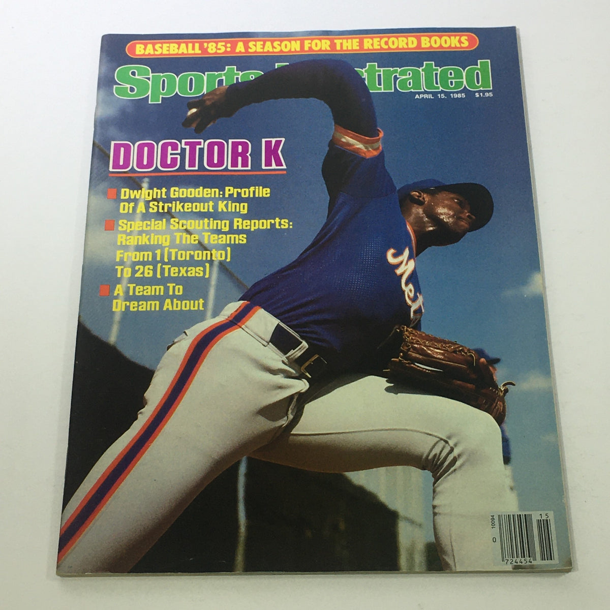 Sports Illustrated cover from April 15, 1985 featuring MLB pitcher Dwight "Dr. K" Gooden in action, showcasing his impact in baseball history.