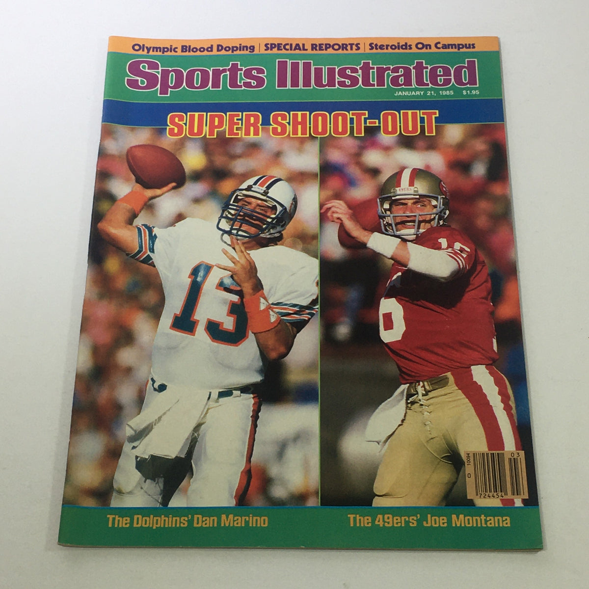Sports Illustrated January 25 1985 issue featuring NFL quarterbacks Dan Marino and Joe Montana on the cover, highlighting the Super Shoot-Out matchup.