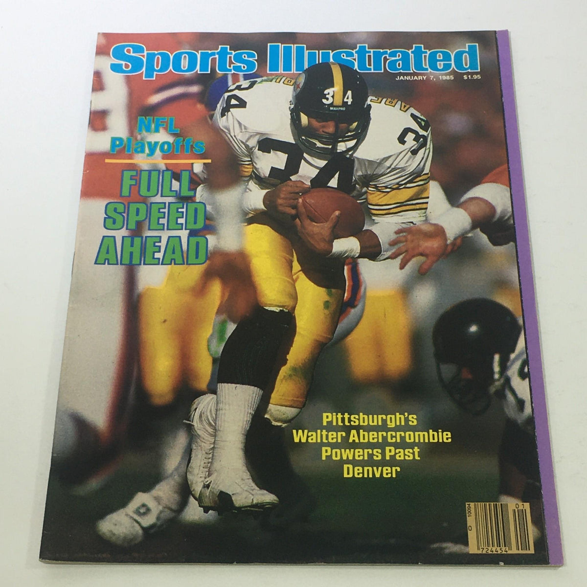 Sports Illustrated: January 7, 1985 cover featuring NFL Playoffs with Walter Abercrombie in action, showcasing 'Full Speed Ahead' theme.