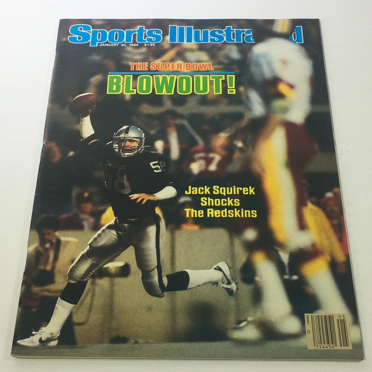 Sports Illustrated cover from January 30, 1984, featuring a dramatic NFL moment where Jack Squirek shocks the Redskins, with the headline 'THE SUPER BOWL BLOWOUT!'. This collectible issue highlights a pivotal game in sports history.