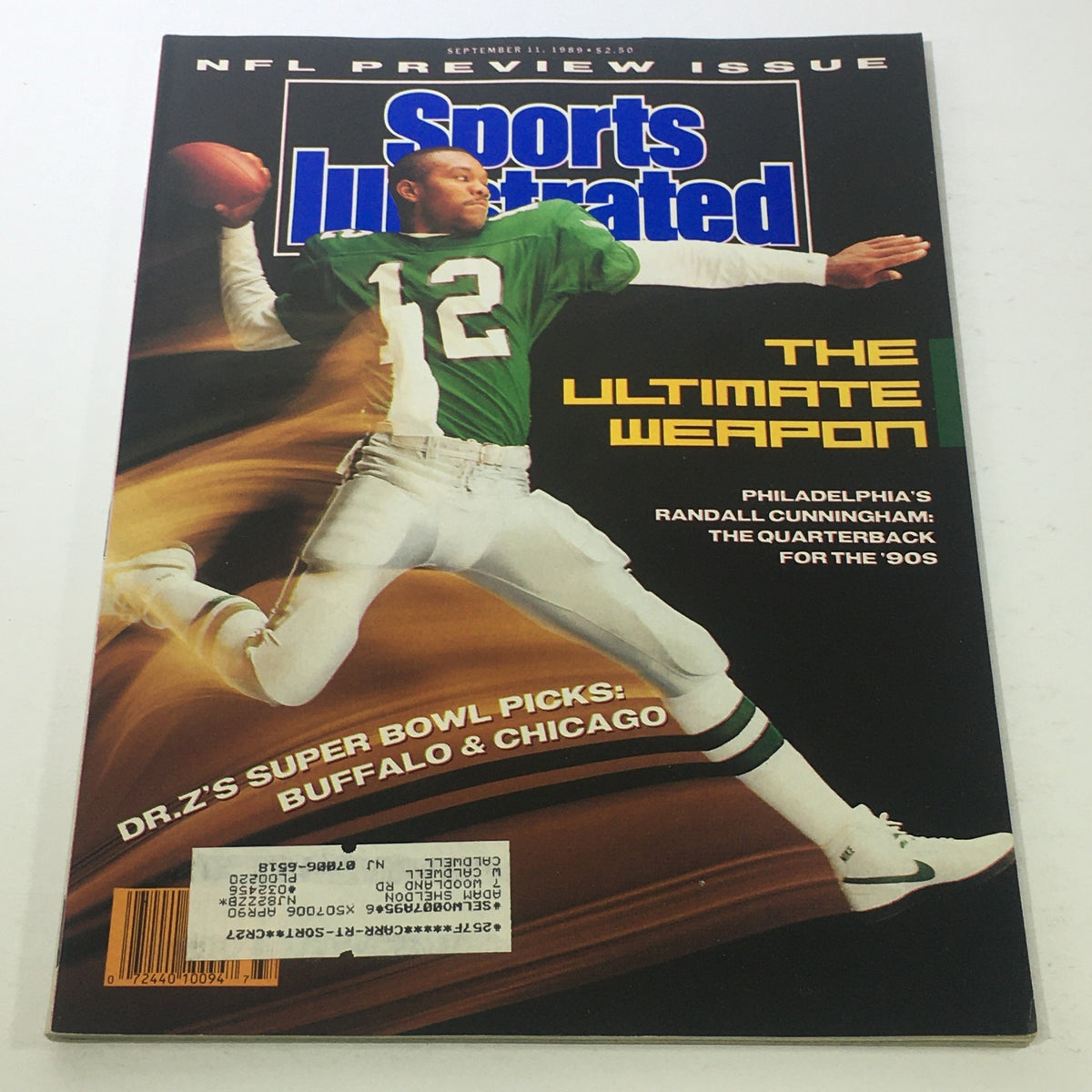 Sports Illustrated September 11, 1989 magazine cover featuring NFL quarterback Randall Cunningham, titled 'The Ultimate Weapon,' showcasing his dynamic pose in a green uniform.