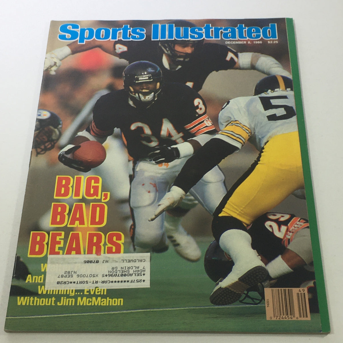 Cover of Sports Illustrated: December 8, 1986, featuring NFL Big Bad Bears with a player in jersey number 34 carrying the football, showcasing the team's dominance.