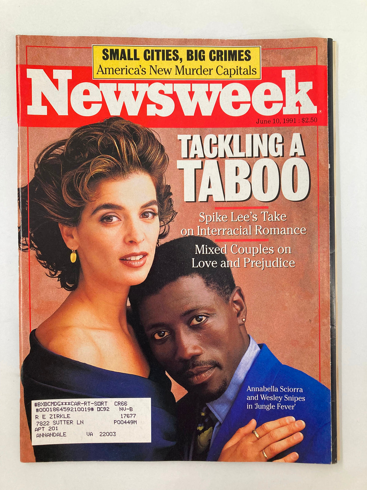 Newsweek Magazine cover from June 10, 1991 featuring actors Annabella Sciorra and Wesley Snipes, titled 'Tackling a Taboo' discussing interracial romance and mixed couples on love and prejudice. The cover highlights themes from the early 90s pop culture.