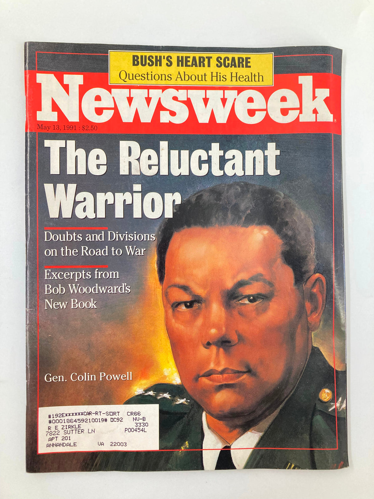 Cover of Newsweek Magazine dated May 13, 1991, featuring General Colin Powell under the title 'The Reluctant Warrior', discussing doubts and divisions on the road to war.