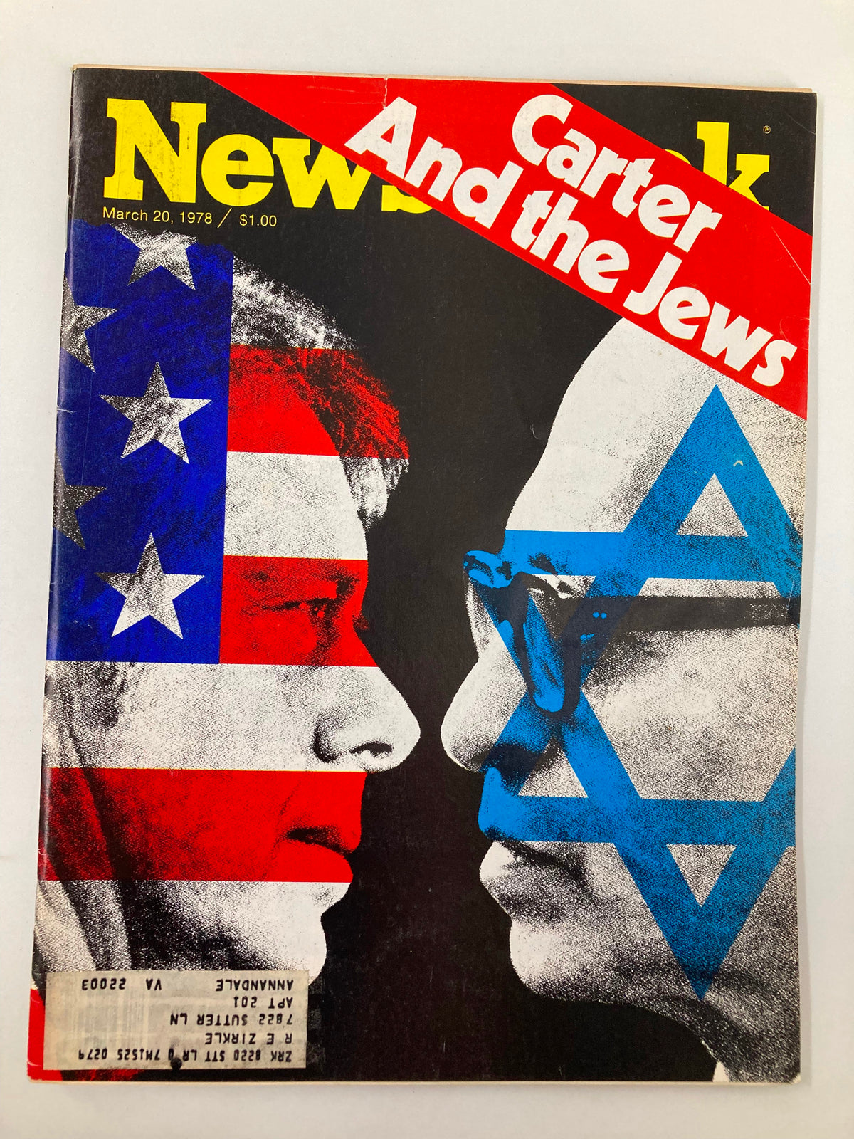 Cover of VTG Newsweek Magazine from March 20, 1978, featuring President Jimmy Carter and a graphic representation of the Jewish Star of David against a backdrop of the American flag, highlighting the theme 'Carter and the Jews'.