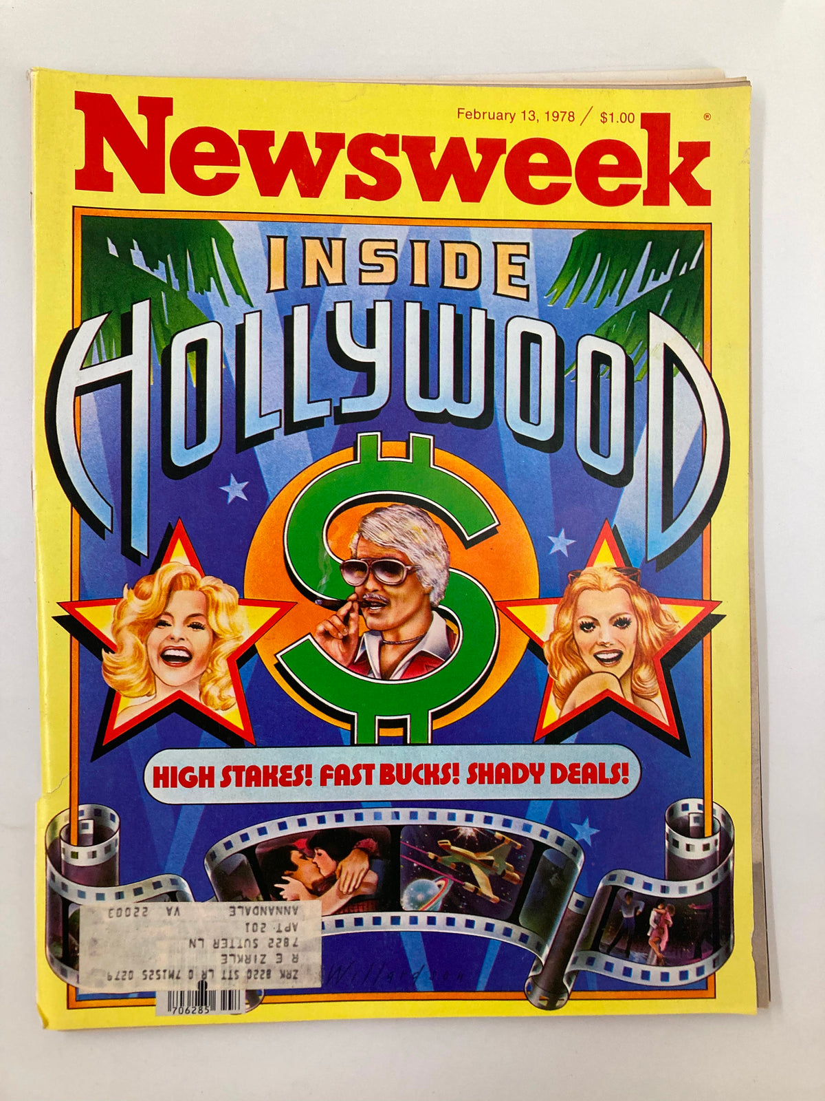 Cover of the VTG Newsweek Magazine February 13 1978 featuring the title 'Inside Hollywood' with vibrant graphics, a money symbol, and headlines focusing on 'High Stakes! Fast Bucks! Shady Deals!' This vintage magazine offers an in-depth look at the entertainment industry during the 1970s.