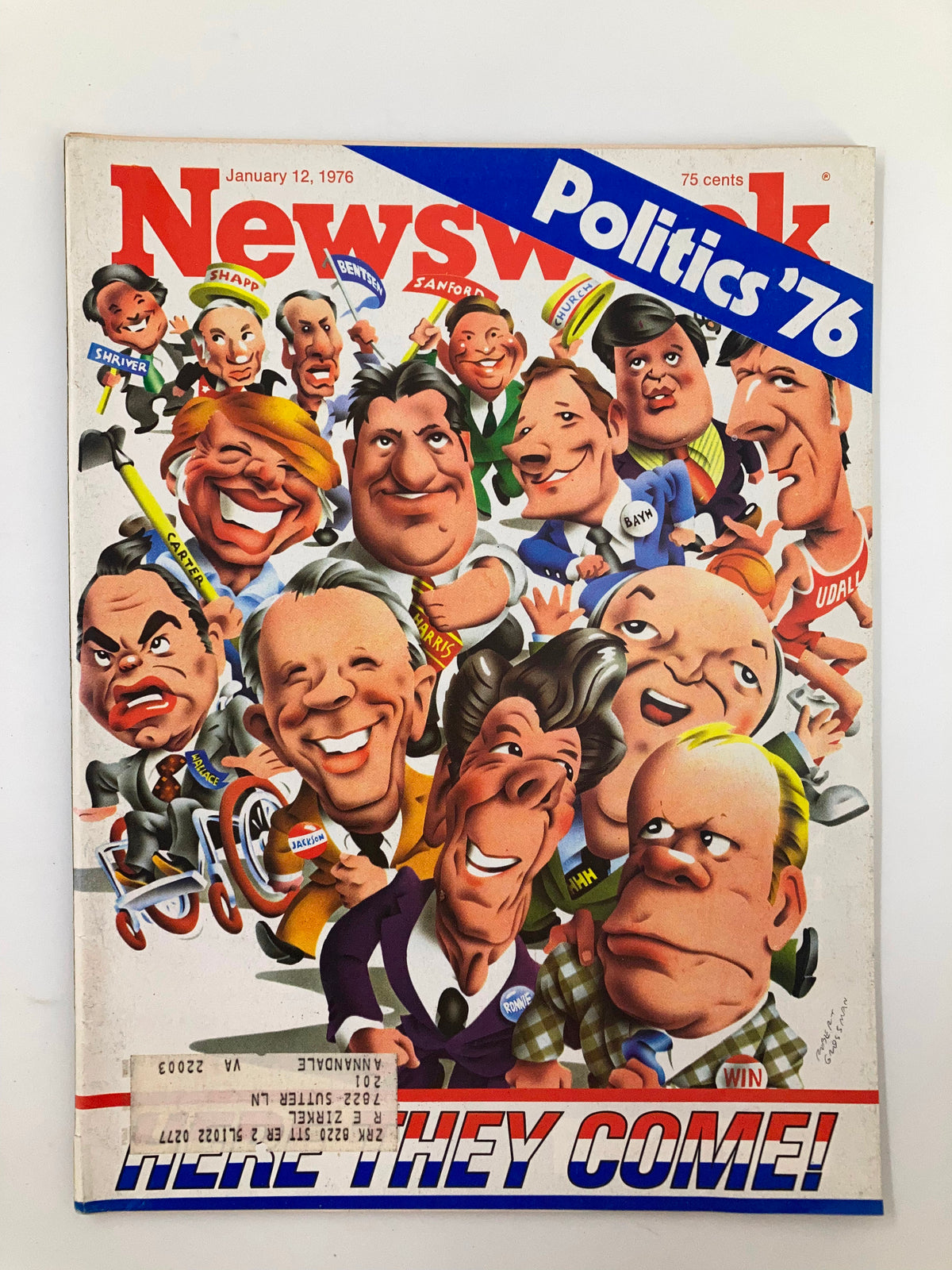 Cover of VTG Newsweek Magazine, January 12, 1976, titled 'The Politics Here They Come'. Features caricatures of various political figures from 1976, highlighting the political climate of the era.