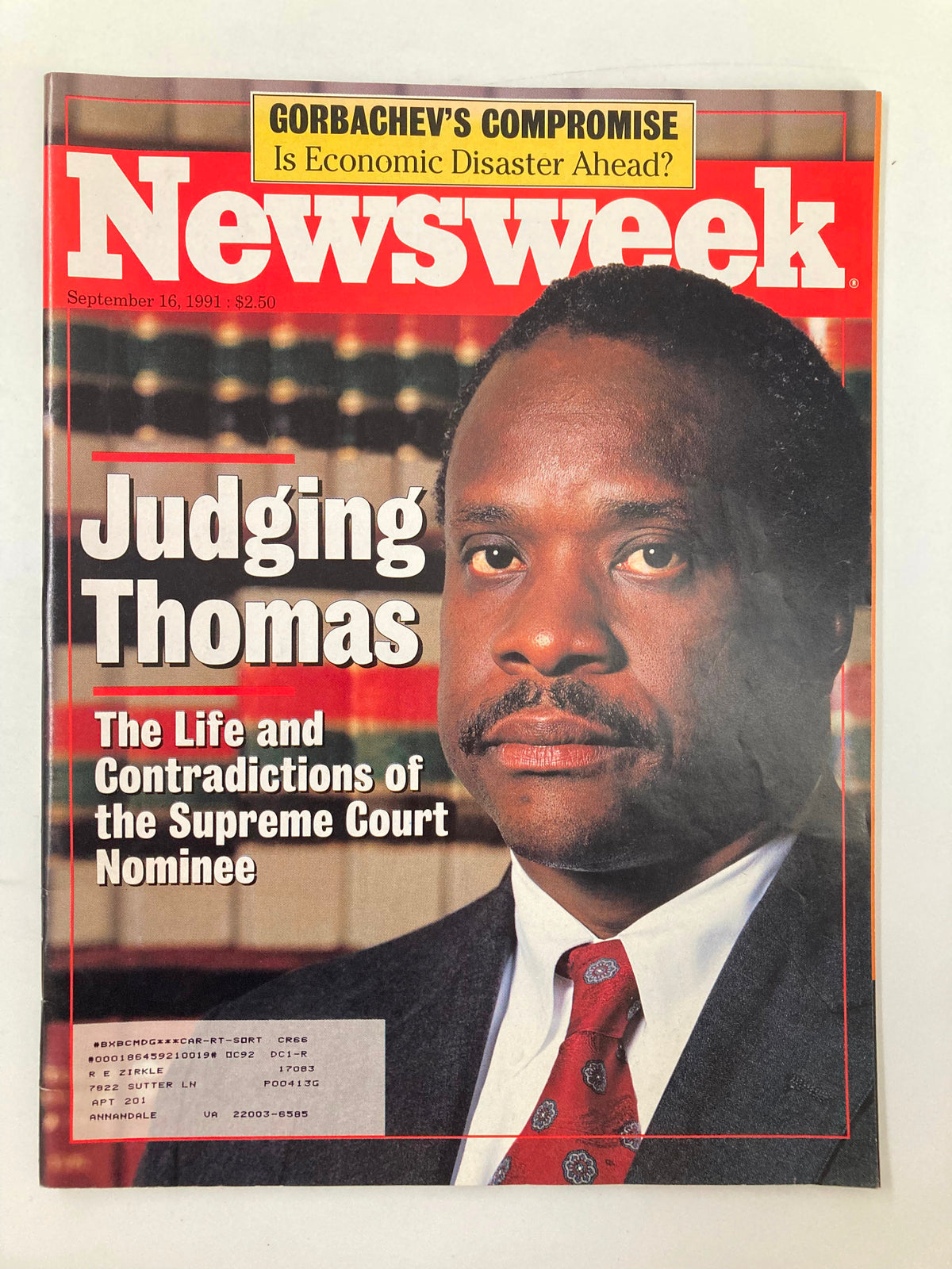 Cover of Newsweek Magazine from September 16, 1991, featuring the title 'Judging Thomas: The Life and Contradictions of the Supreme Court Nominee', highlighting Clarence Thomas's controversial nomination.