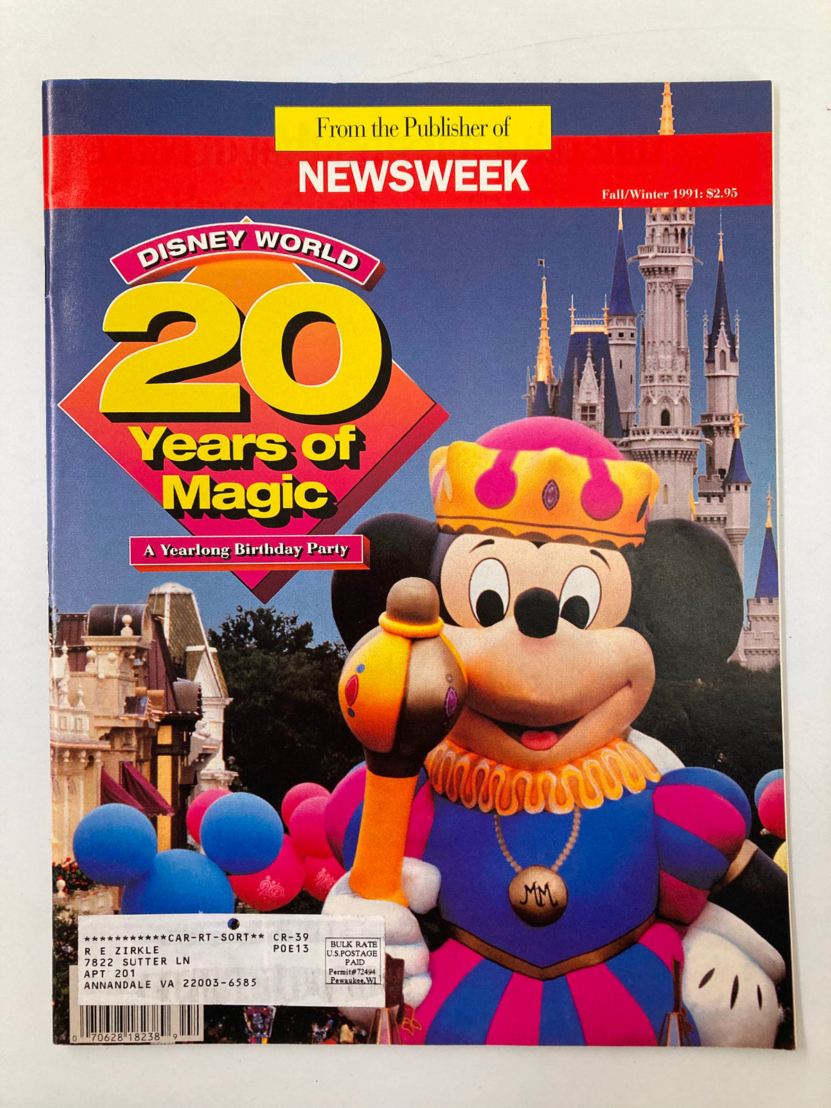 Newsweek Magazine Fall/Winter 1991 cover featuring Disney World 20 Years of Magic Party with a celebratory image of Mickey Mouse.