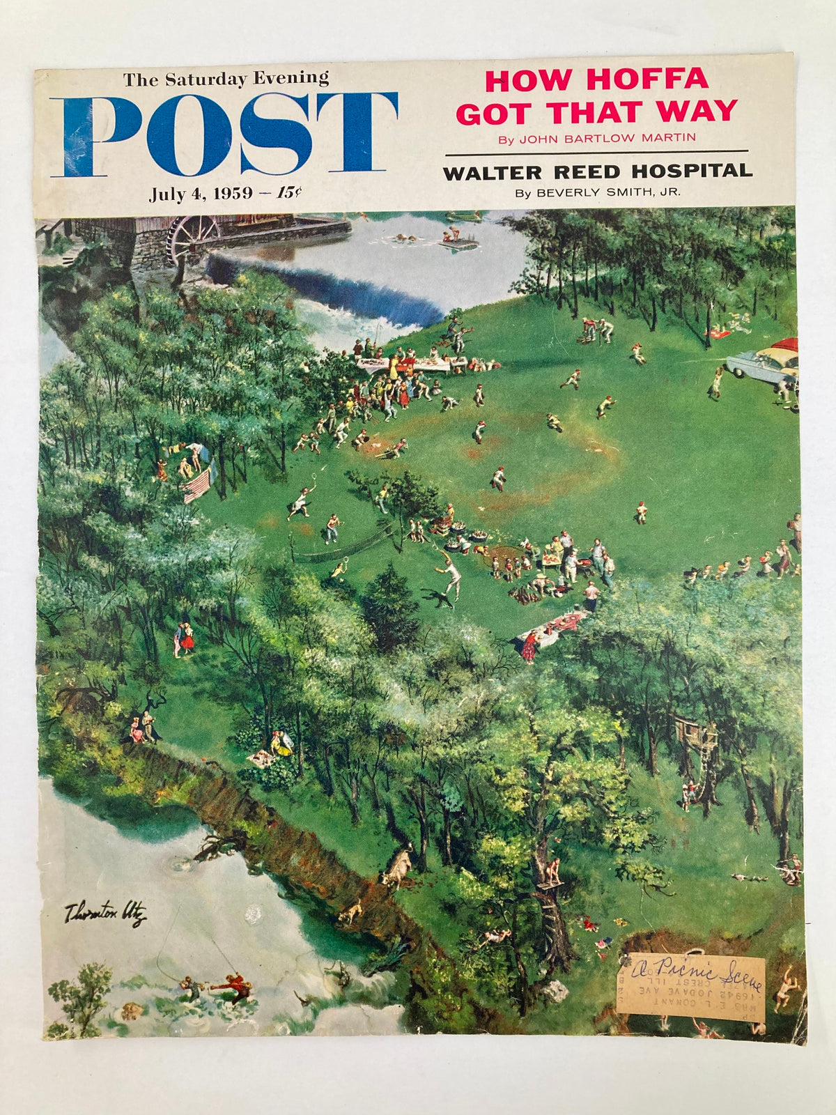 The Saturday Evening Post July 4 1959 Cover displaying a picturesque landscape of people enjoying a summer day at a picnic by the lake. The top banner includes the title "How Hoffa Got That Way" alongside additional content details related to Walter Reed Hospital.