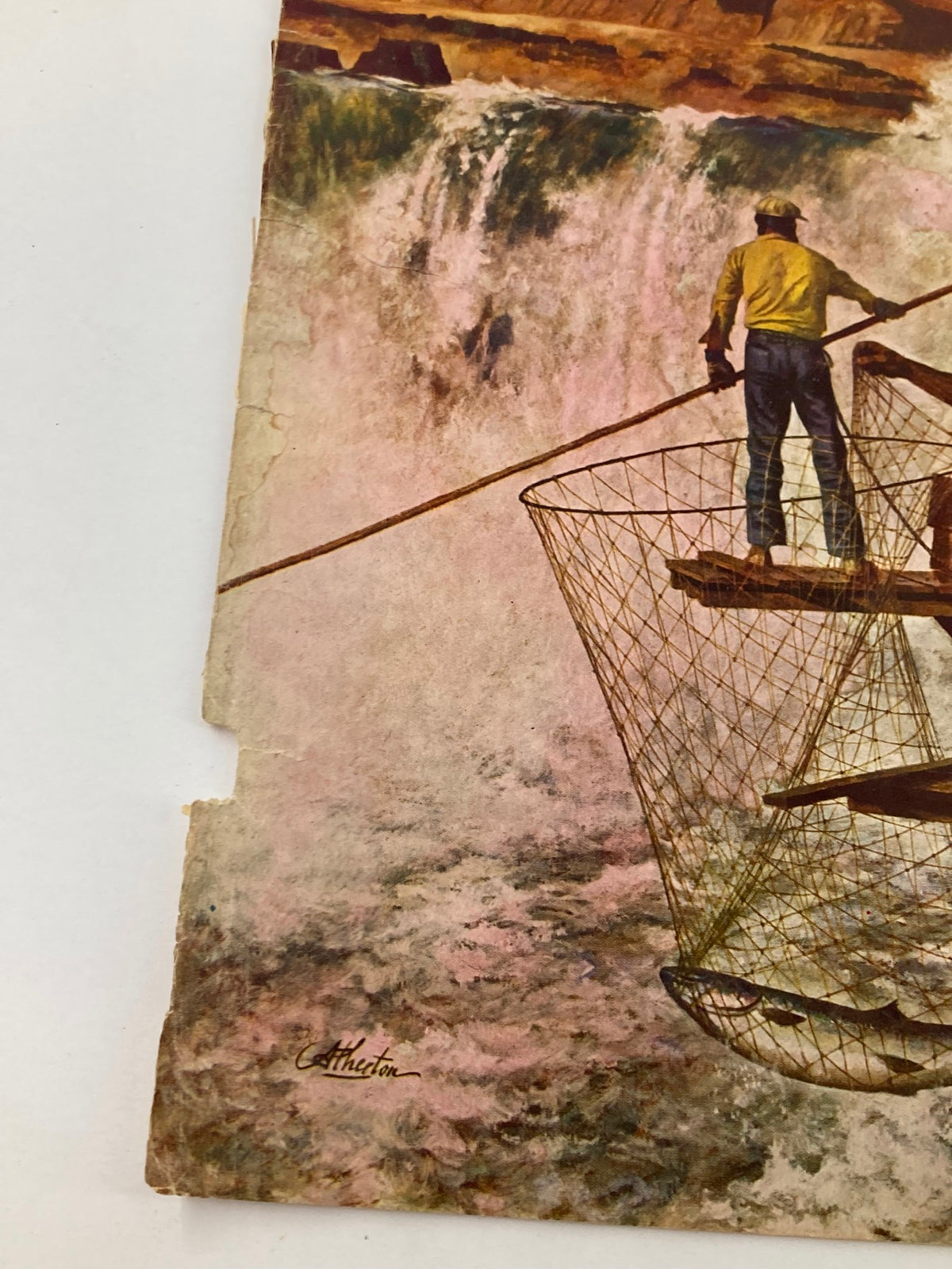Detailed view of the cover art from The Saturday Evening Post dated July 17, 1948, highlighting a fisherman on the brink of a waterfall under the title 'The Russians Called Me A Spy'.