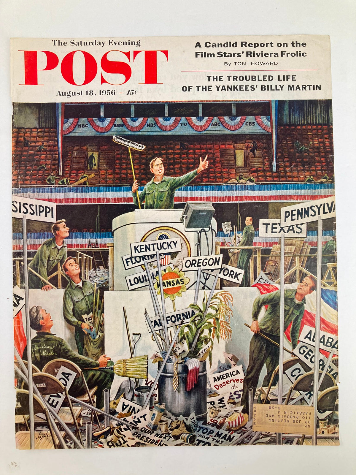 The Saturday Evening Post cover from August 18, 1956 showcasing a vibrant scene of workers amidst various signs and decorations, highlighting the story of Yankees' Billy Martin.