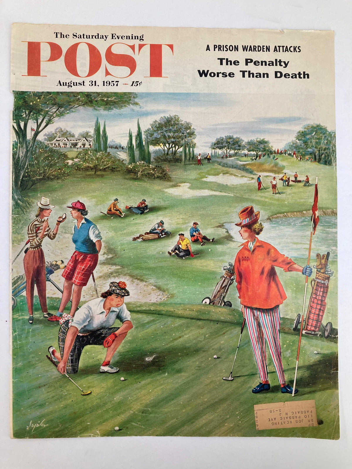 Cover of The Saturday Evening Post from August 31, 1957, titled 'The Penalty Worse Than Death', featuring a colorful illustration of golfers on a lush green course, highlighting the cultural themes of the late 1950s.