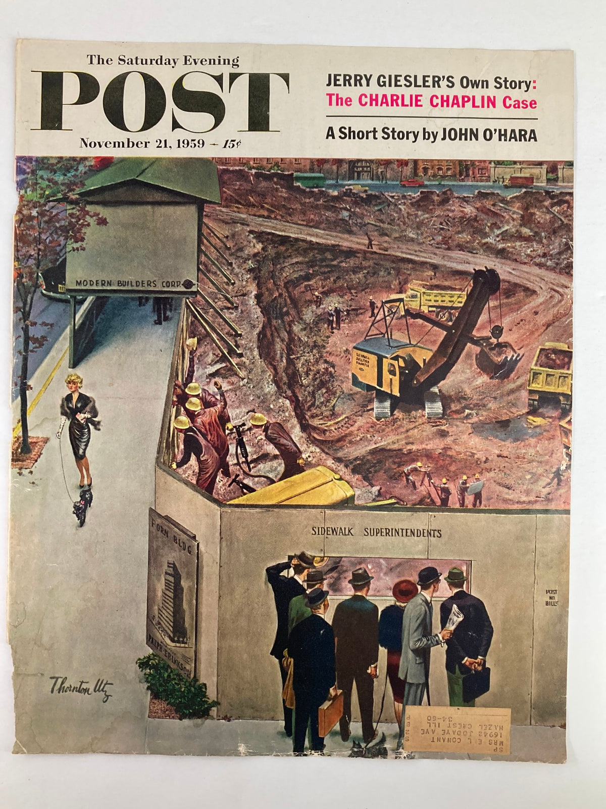Close-up of the cover of The Saturday Evening Post from November 21, 1959, showcasing the Charlie Chaplin Case. The cover features detailed illustrations of a construction area and a fashionable woman, revealing vintage design elements.