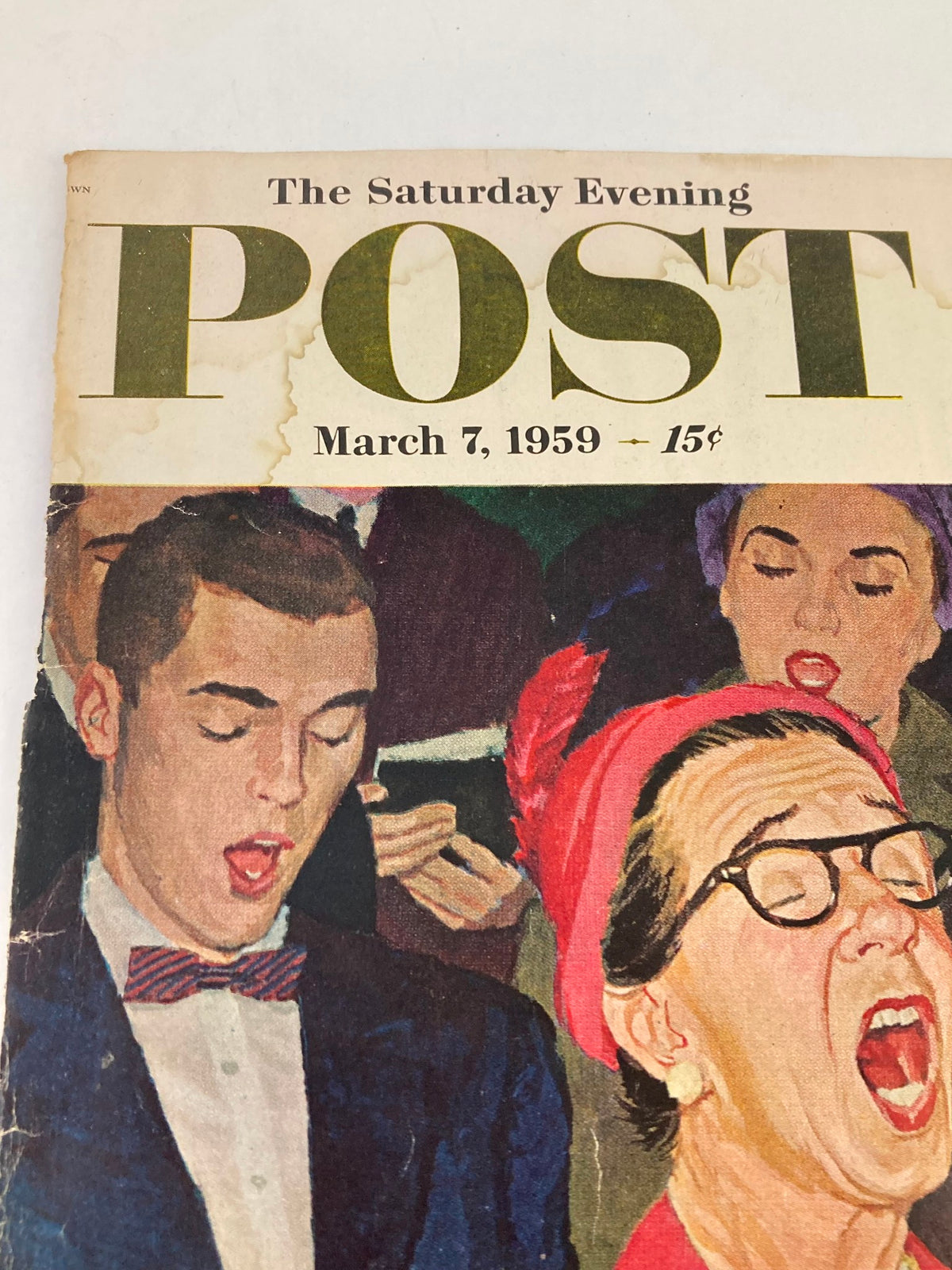 COVER ONLY The Saturday Evening Post March 7 1959 depicting a choir in full song, with detailed facial expressions and colorful outfits, prominently featuring the theme of 'My Life with Babe Ruth'.
