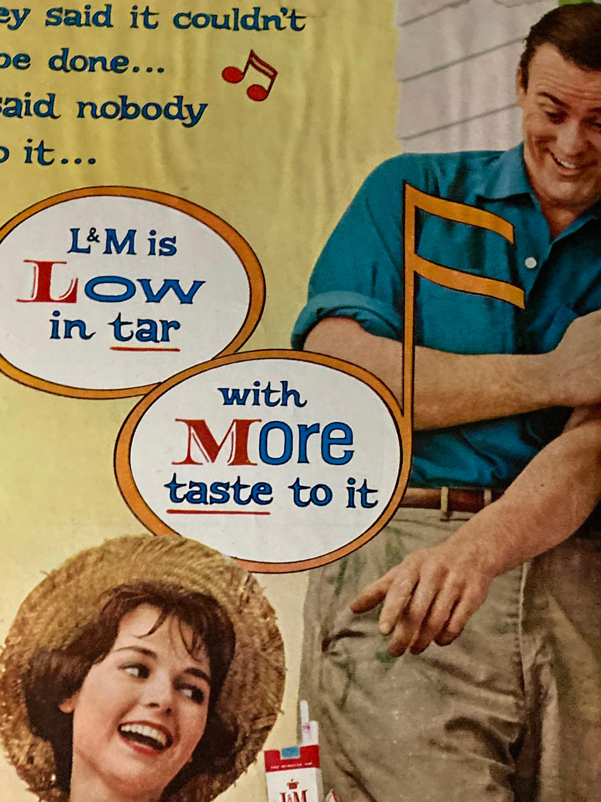 The Saturday Evening Post March 7 1959 cover showcasing a smiling woman with a straw hat and a man in a blue shirt, promoting L&M cigarettes with a catchy slogan.
