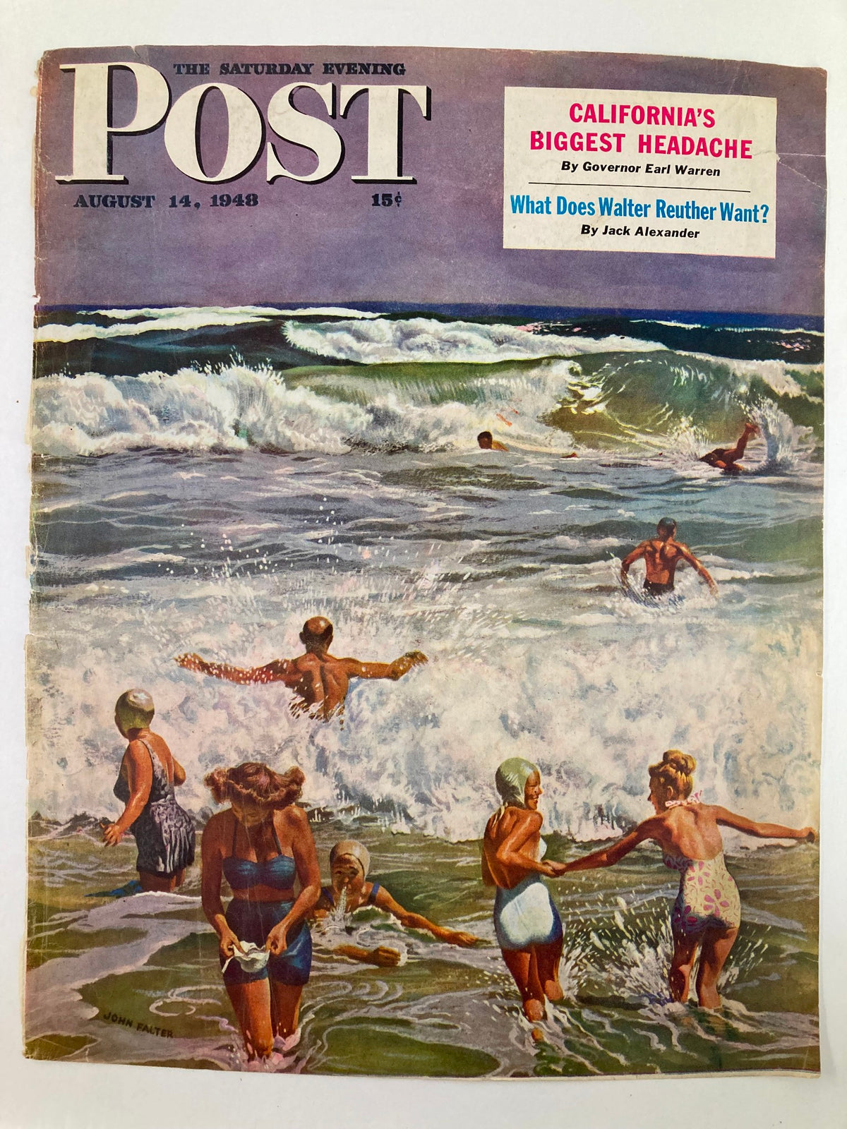 Cover Only The Saturday Evening Post August 14 1948 showcasing California's Biggest Headache, illustrated with a lively beach scene of bathers interacting with the surf, perfect for mid-20th century Americana enthusiasts.