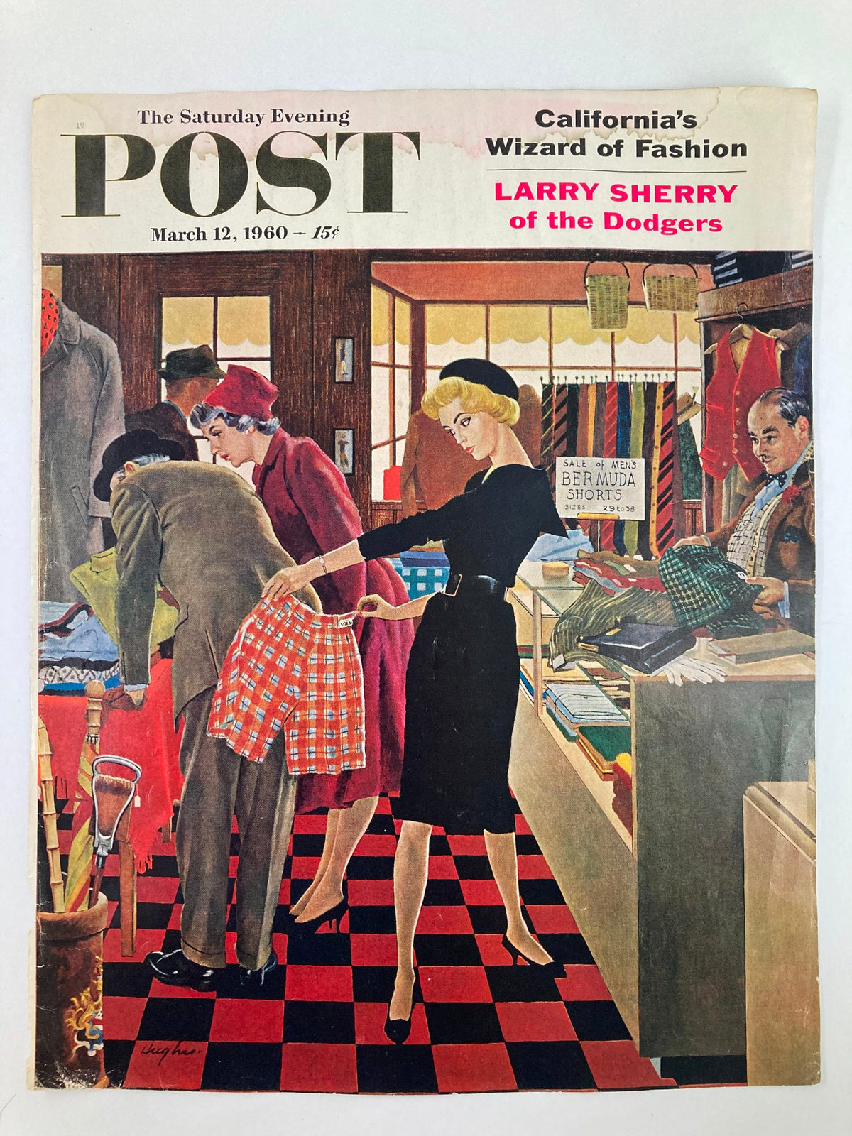 The Saturday Evening Post March 12 1960 Cover by Larry Sherry, featuring vibrant colors and a bustling shopping scene in a vintage clothing store.