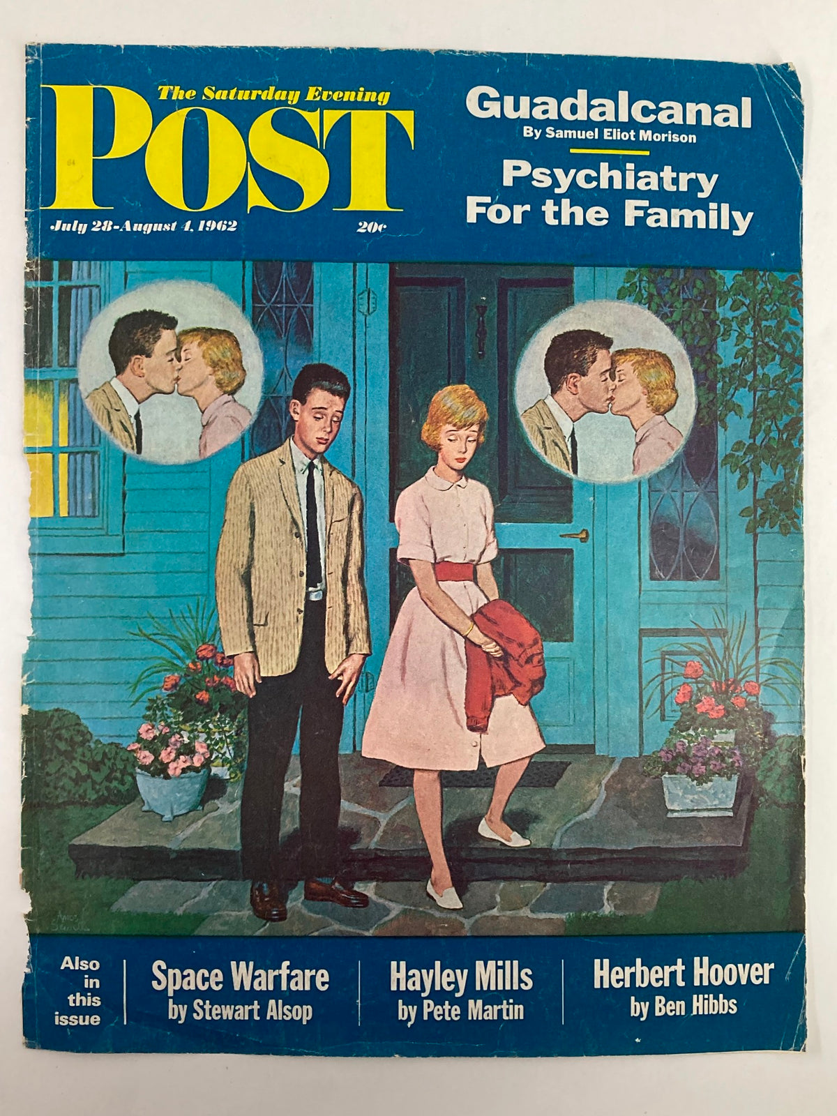 Cover of The Saturday Evening Post from July 28, 1962, featuring a colorful illustration inspired by Guadalcanal, showcasing a couple and two other characters against a vibrant blue background.