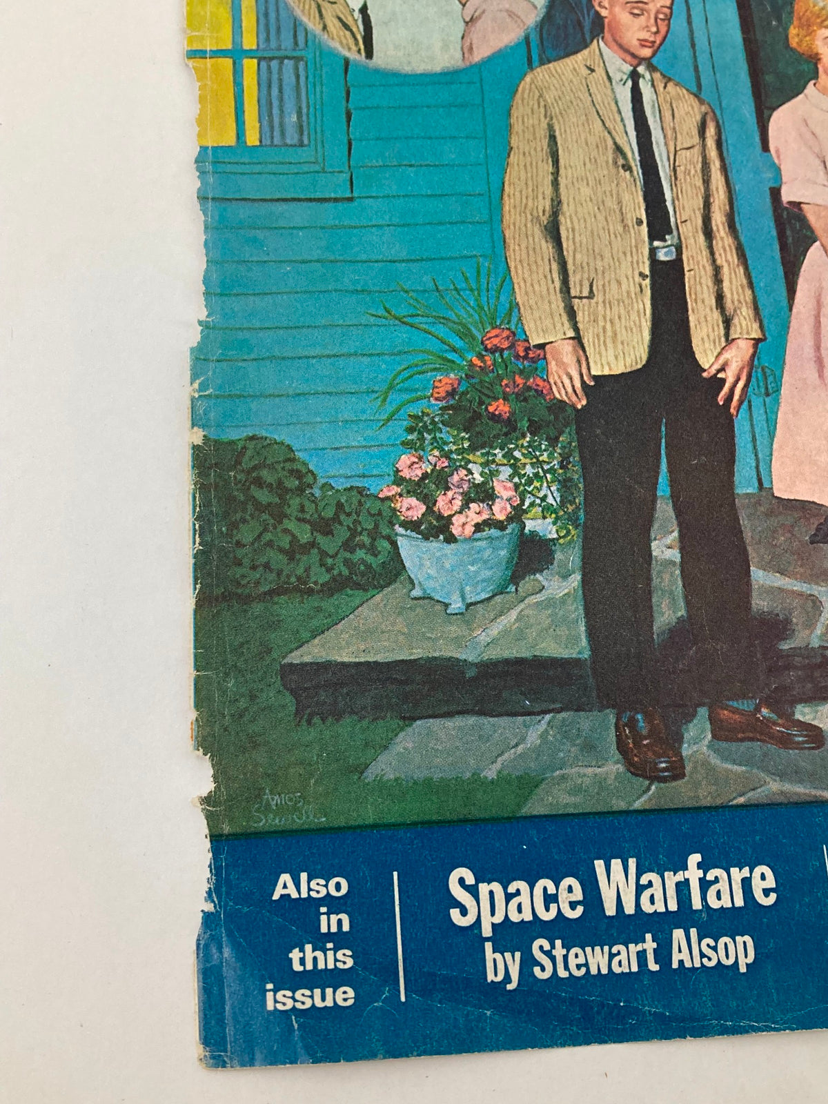 Close-up view of The Saturday Evening Post cover from July 28, 1962, highlighting the lower section with titles including 'Space Warfare by Stewart Alsop', and showcasing the vintage magazine's distressed edges.
