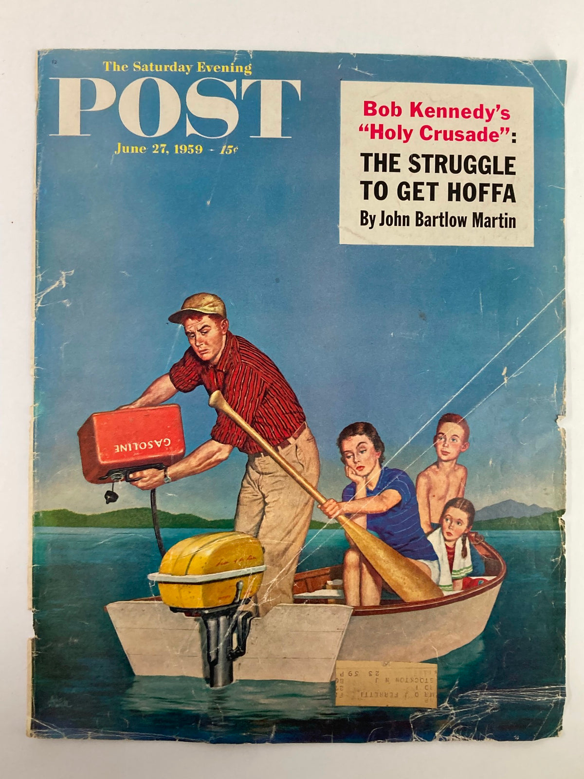 The Saturday Evening Post June 27, 1959 cover showcasing Bob Kennedy's 'Holy Crusade'. The illustration features a boating scene with adults and children, highlighting the vintage charm and historical significance.