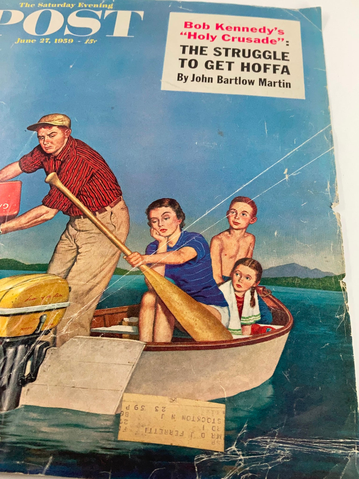 Close-up image of The Saturday Evening Post cover dated June 27, 1959, featuring Bob Kennedy's 'Holy Crusade'. The image focuses on a man with a gasoline can and children in a boat, symbolizing family leisure activities.