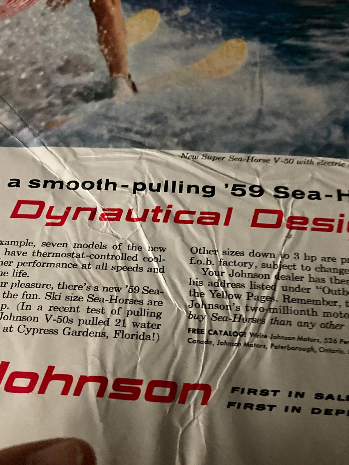 Advertisement from The Saturday Evening Post, emphasizing Johnson outboard motors, featured in the issue from June 27, 1959. The ad illustrates a water skiing scene, demonstrating outdoor fun from that era.