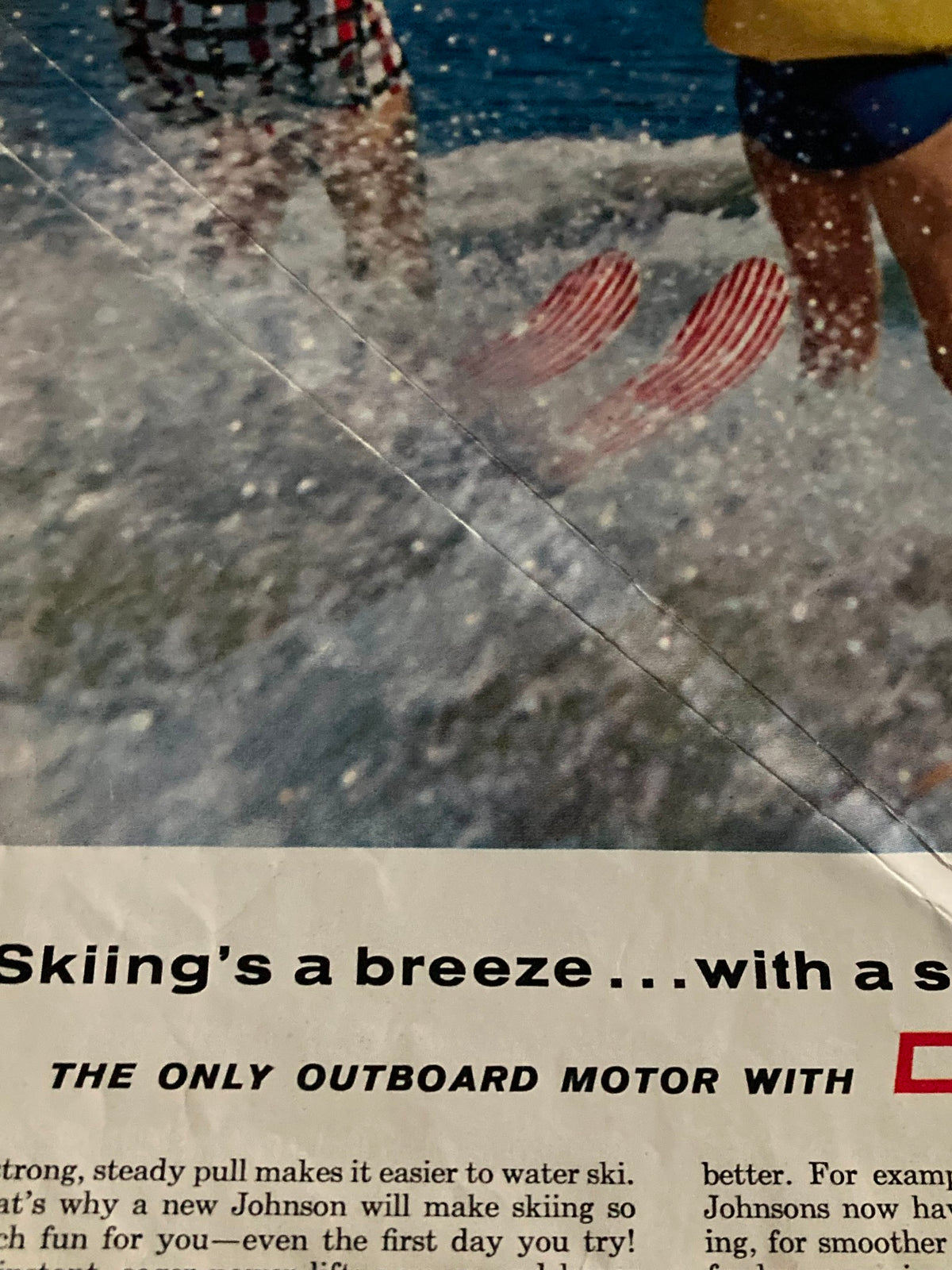 Another advertisement from The Saturday Evening Post, highlighting Johnson outboard motors, dated June 27, 1959. The image shows water skiing action, promoting summer recreational activities.