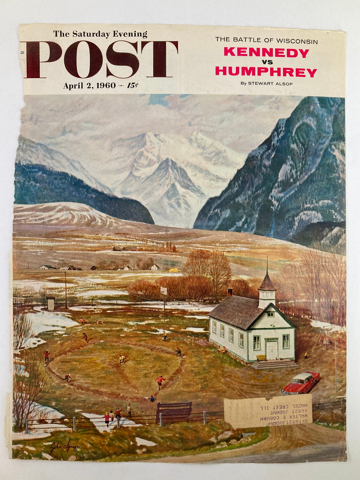 COVER ONLY The Saturday Evening Post April 2, 1960, displaying 'The Battle of Wisconsin' cover with visible wear, highlighting a vintage baseball game illustration against a beautiful landscape.