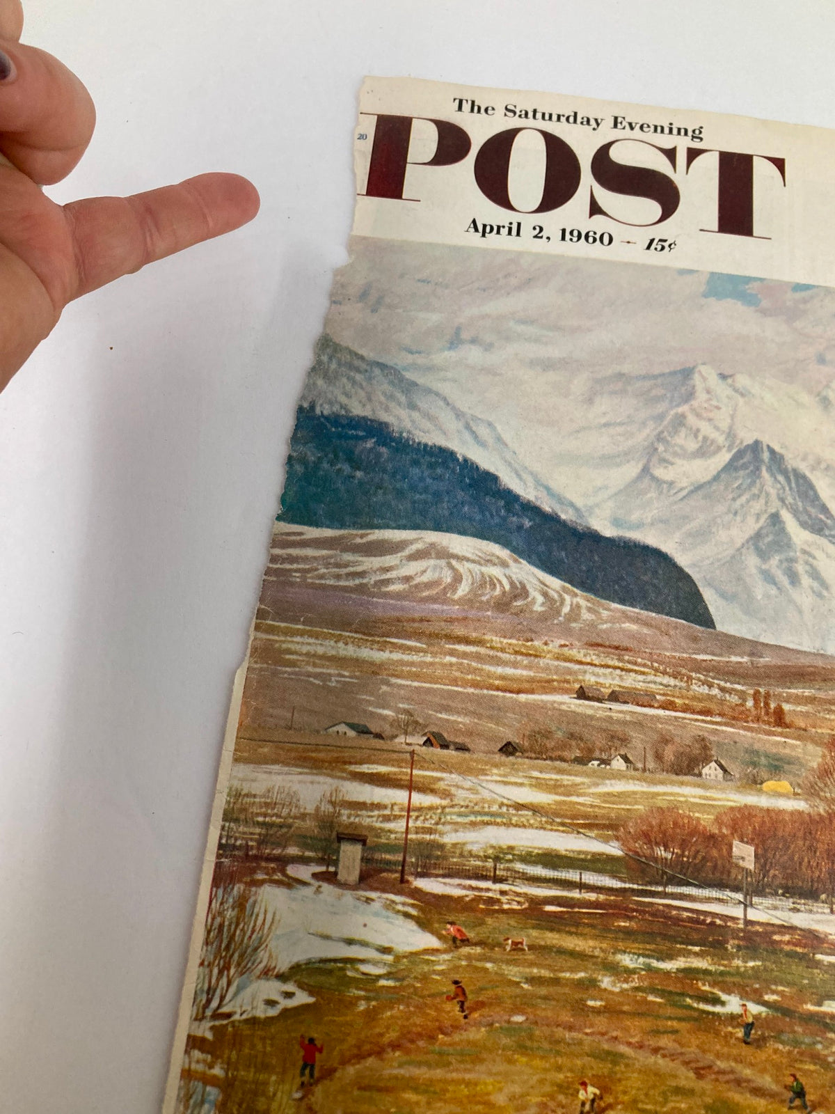 COVER ONLY The Saturday Evening Post April 2, 1960, depicting 'The Battle of Wisconsin' cover, focusing on the torn section while revealing the detailed artwork of a rural baseball scene.