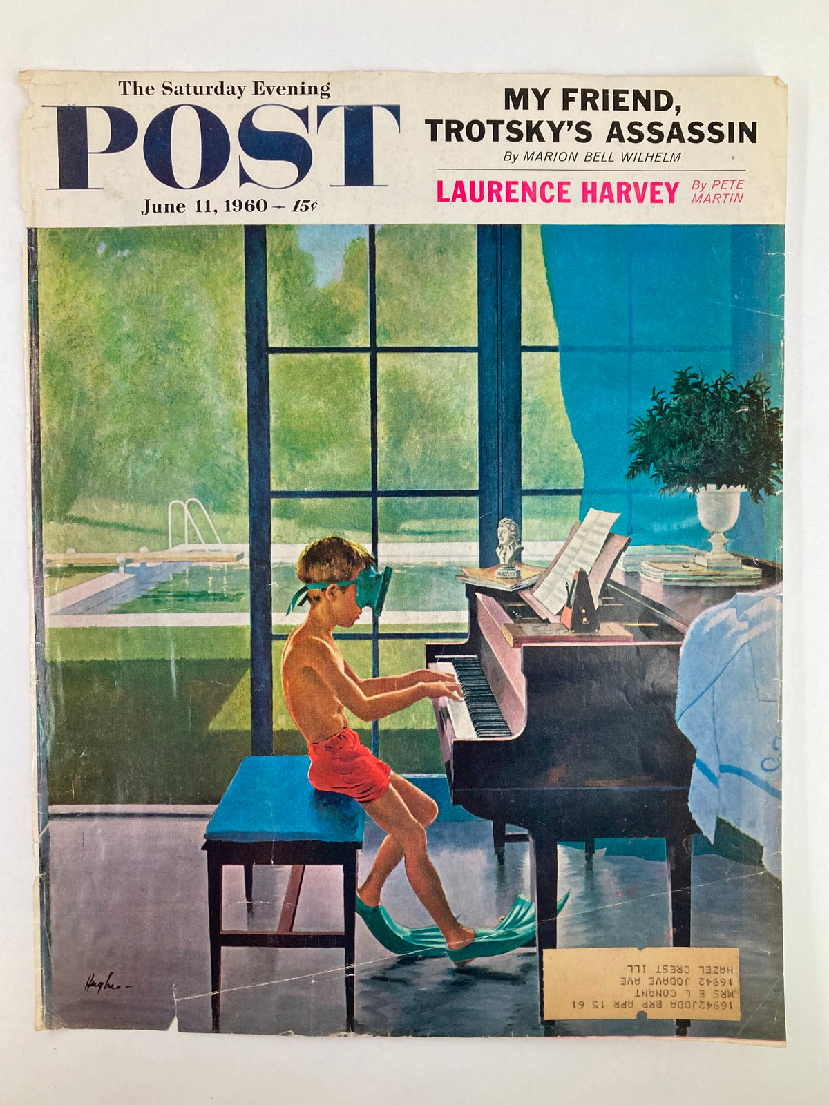 Cover of The Saturday Evening Post June 11, 1960, showcasing 'My Friend, Trotsky's Assassin' with an illustration of a boy playing piano while wearing goggles and swimming flippers, set against a window view of a swimming pool.
