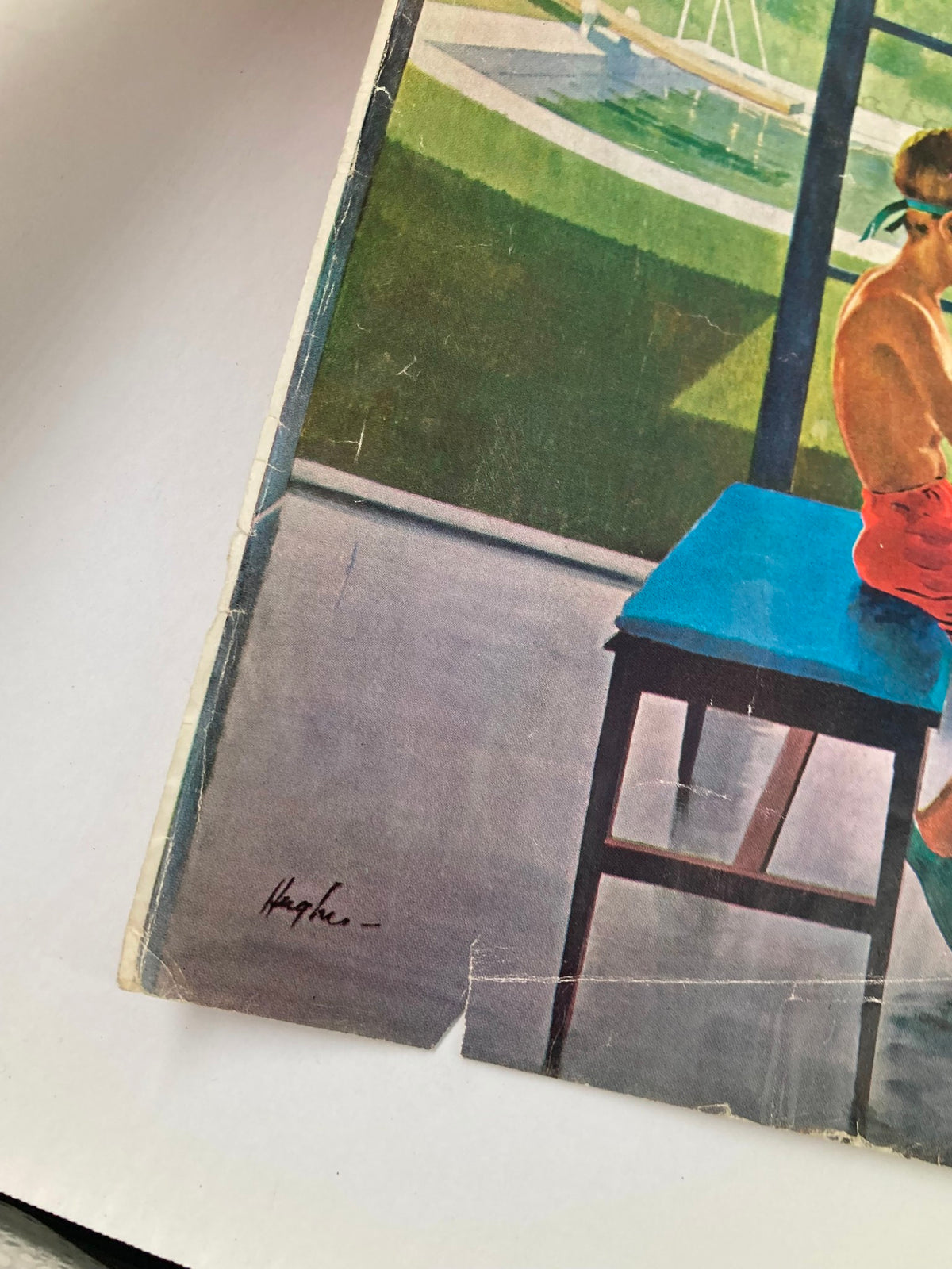 Bottom corner of The Saturday Evening Post cover, June 11, 1960, reading 'My Friend, Trotsky's Assassin', showing wear with the signature of the artist and a view of the boy at the piano.