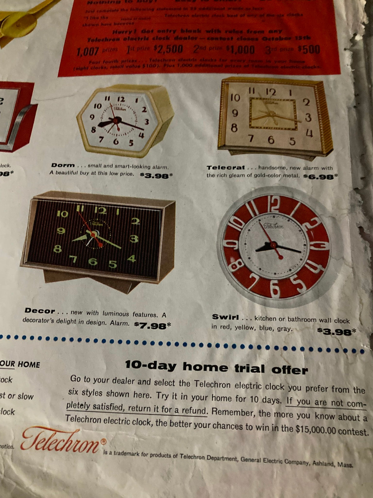 Vintage advertisement showcasing various Telechron electric clocks with prices, as seen in the COVER ONLY of The Saturday Evening Post October 9 1954 I Flew My Mig To Freedom.