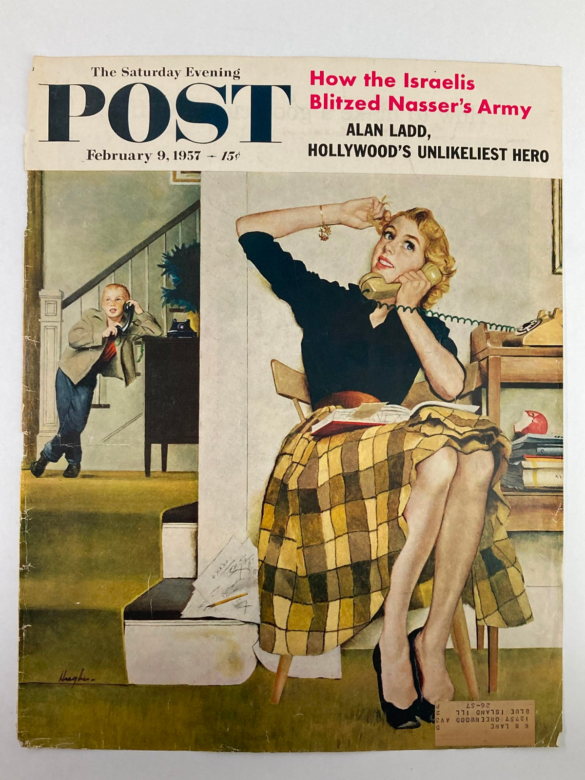 The Saturday Evening Post magazine cover dated February 9, 1957 showcasing Alan Ladd as the unlikeliest hero, with a woman speaking on the phone and a boy in the background, illustrating classic mid-century design.