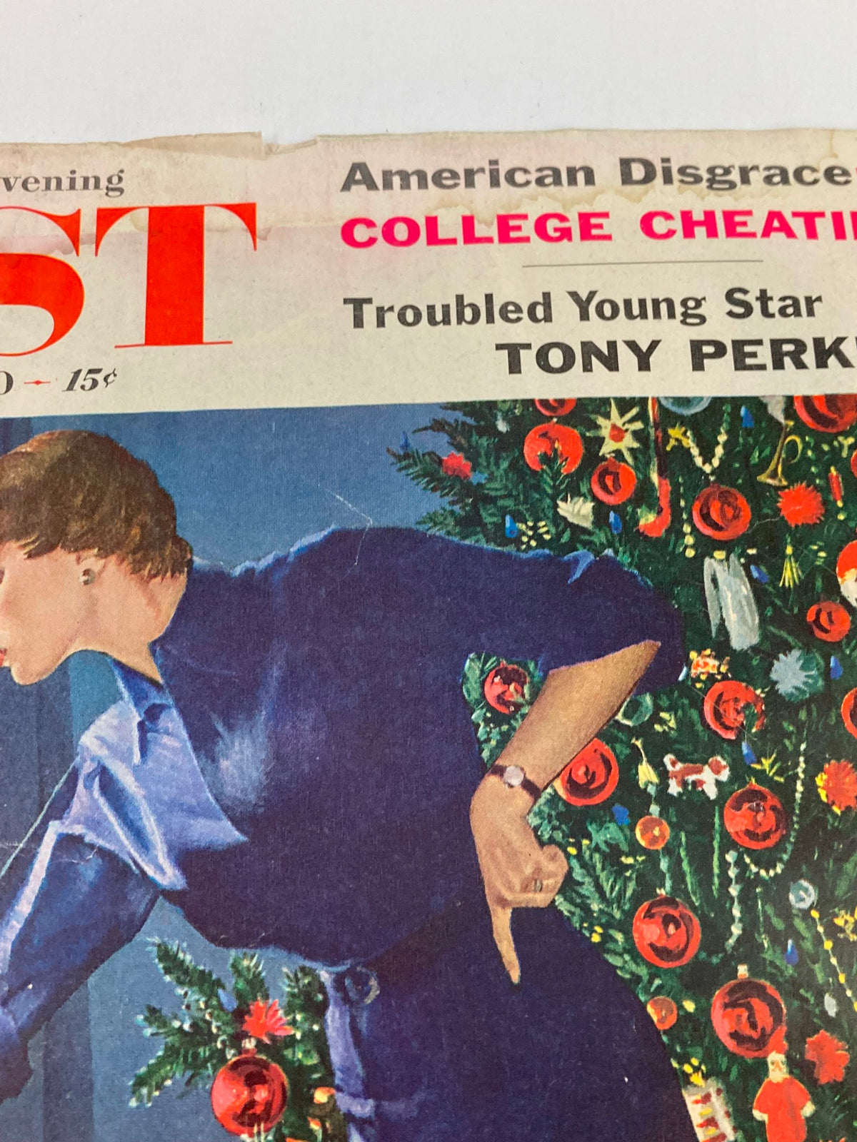Close-up of The Saturday Evening Post cover from January 9, 1960, featuring Tony Perkins, highlighting the title and the festive Christmas theme in the artwork.