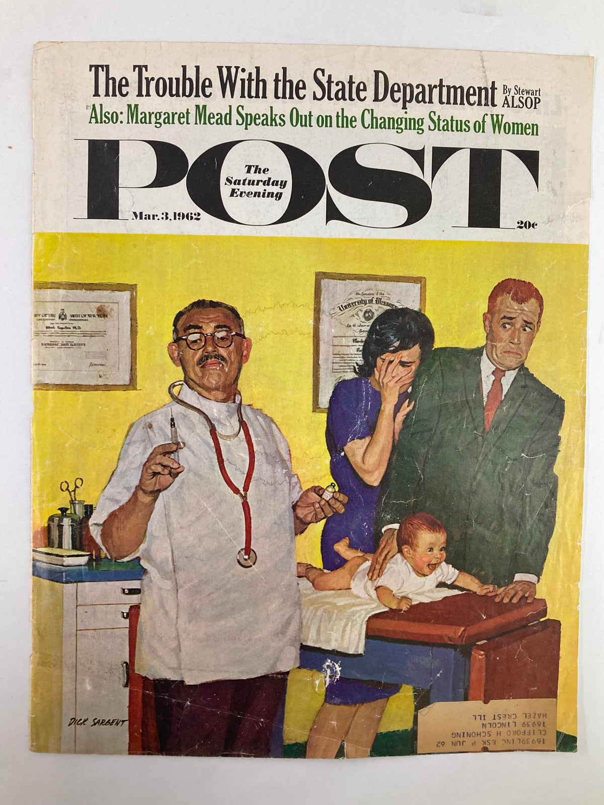 COVER ONLY The Saturday Evening Post March 3 1962 showcasing an illustrated scene involving a doctor, a worried woman, and a baby, highlighting Margaret Mead's influential remarks on the changing status of women.