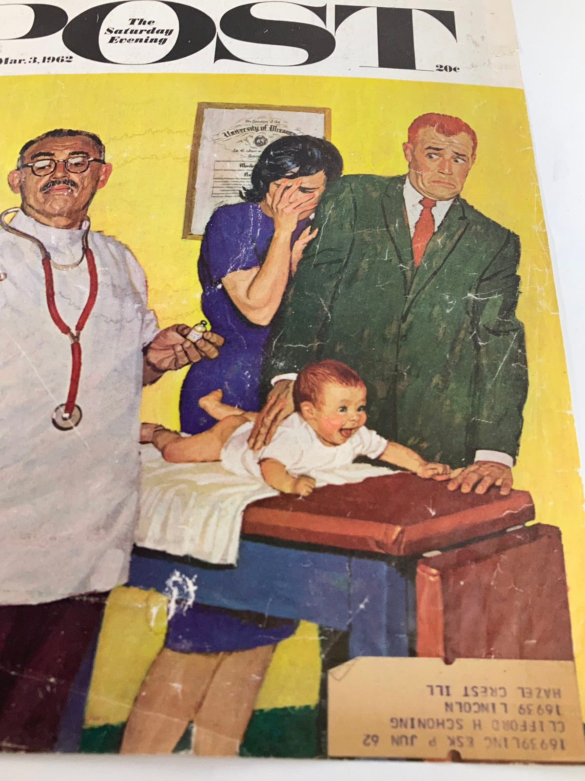 COVER ONLY The Saturday Evening Post March 3 1962 depicting a doctor with a syringe in hand, a distressed woman, and a baby, reflecting the themes of Margaret Mead's significant cover story.