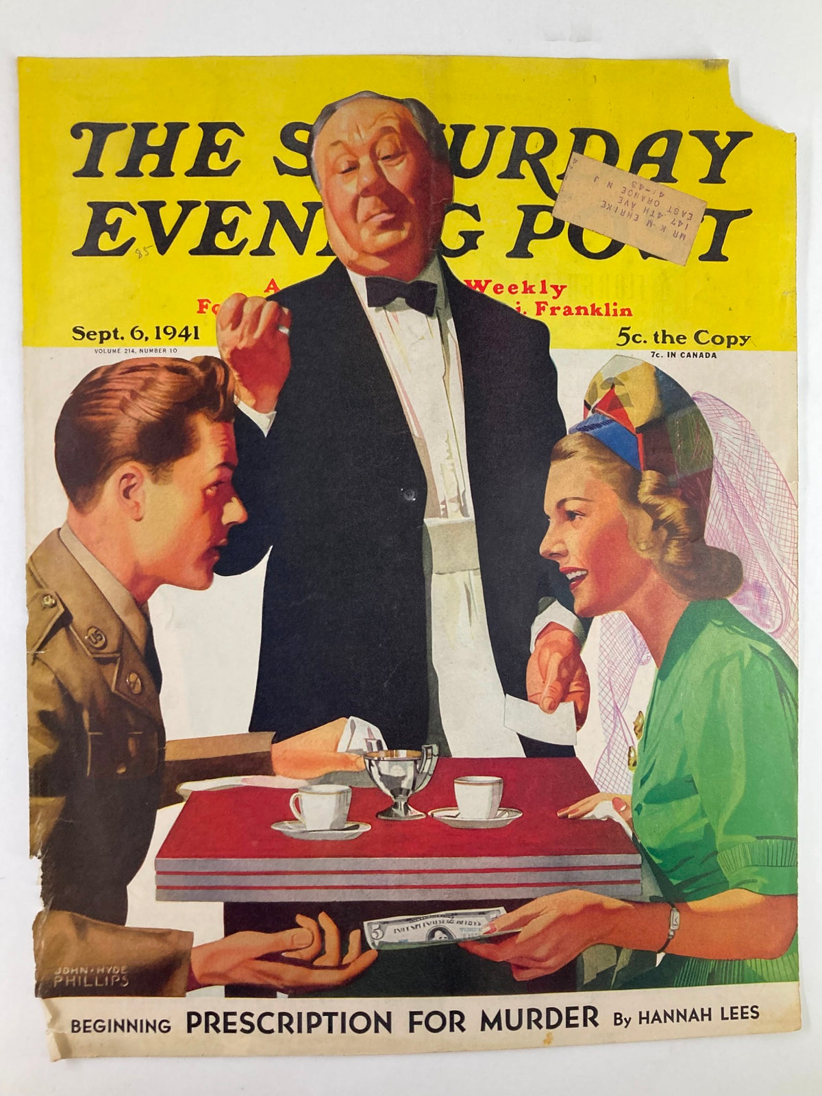Cover of The Saturday Evening Post from September 6, 1941, featuring the title 'Prescription for Murder', showcasing a vintage illustration with a waiter and two patrons at a table.