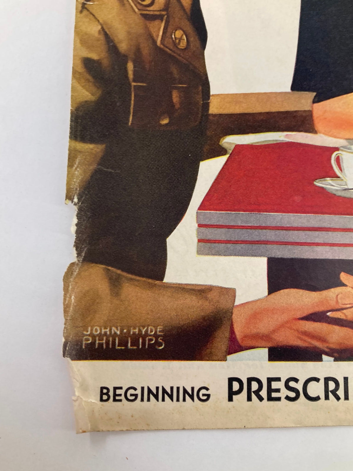 Detail of the cover of The Saturday Evening Post from September 6, 1941, featuring the artist's signature 'John Hyde Phillips' near the title 'Prescription for Murder'.