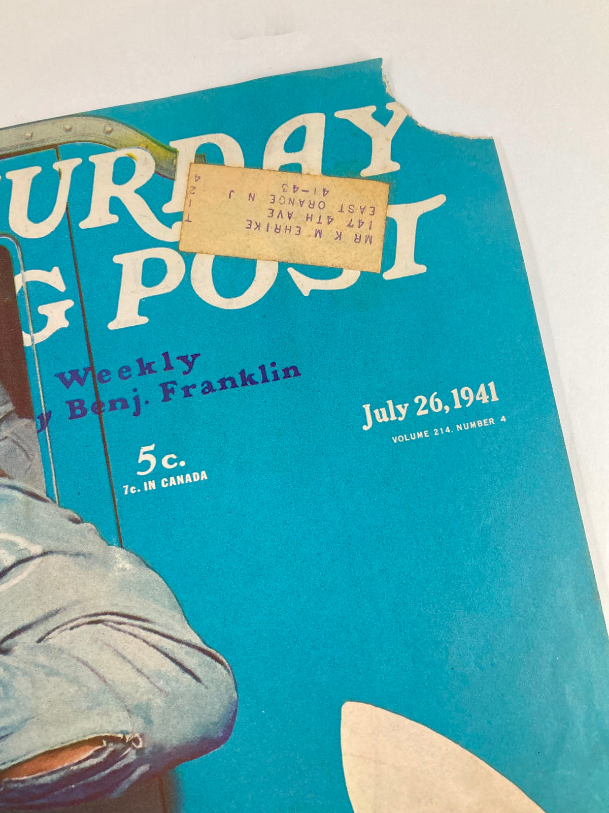 Close-up of The Saturday Evening Post Cover - July 26 1941 showing title details and an address label, highlighting the vintage aspects of White-Haired Boy, Stettinius.
