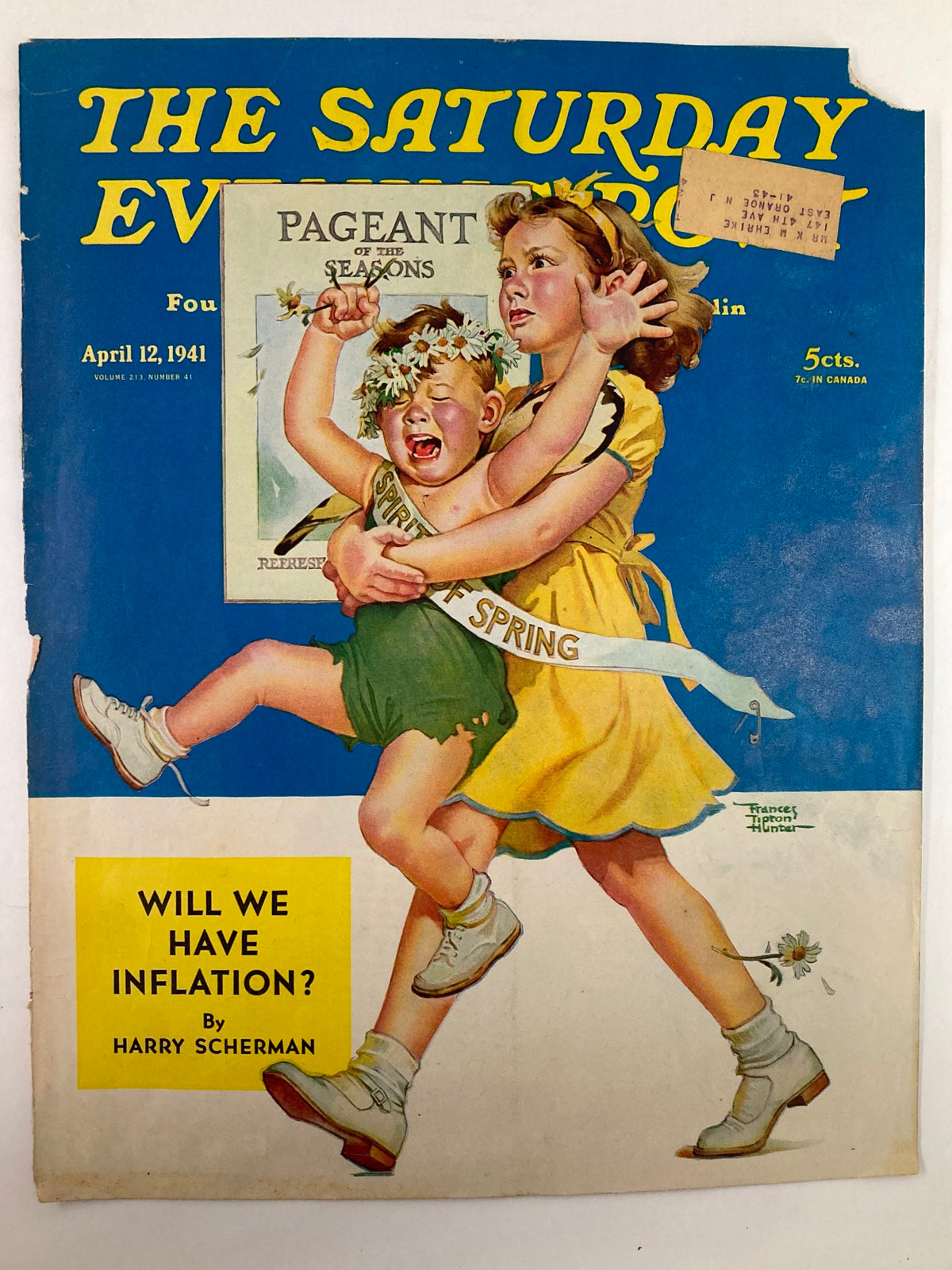 Close-up view of The Saturday Evening Post April 12 1941 cover with vibrant colors and child characters displaying the title 'Will We Have Inflation?' by Harry Scherman.