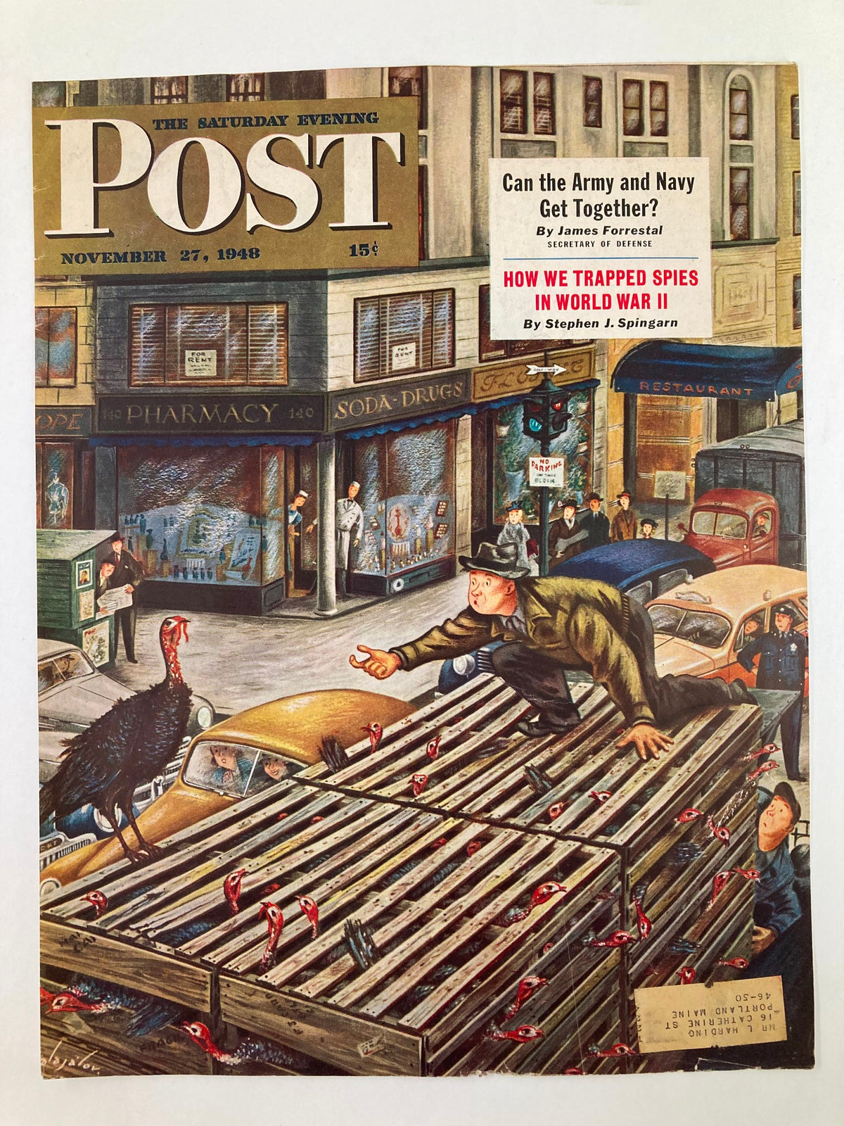 Another view of the cover of The Saturday Evening Post, dated November 27, 1948, showing the illustration 'Can the Army and Navy Get Together?' depicting a whimsical scene with a character and a turkey in an urban environment.