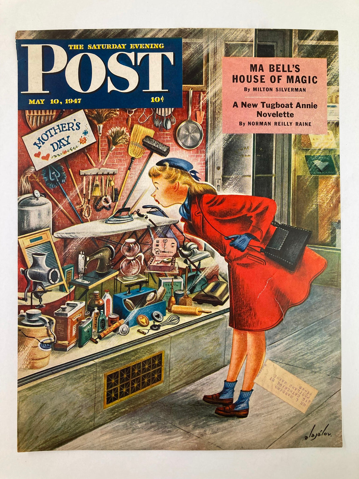 Cover of The Saturday Evening Post dated May 10, 1947, highlighting 'Ma Bell's House of Magic' by Milton Silverman. The artwork shows a woman in a red outfit looking at an eclectic assortment of objects, with a Mother's Day sign in the scene.